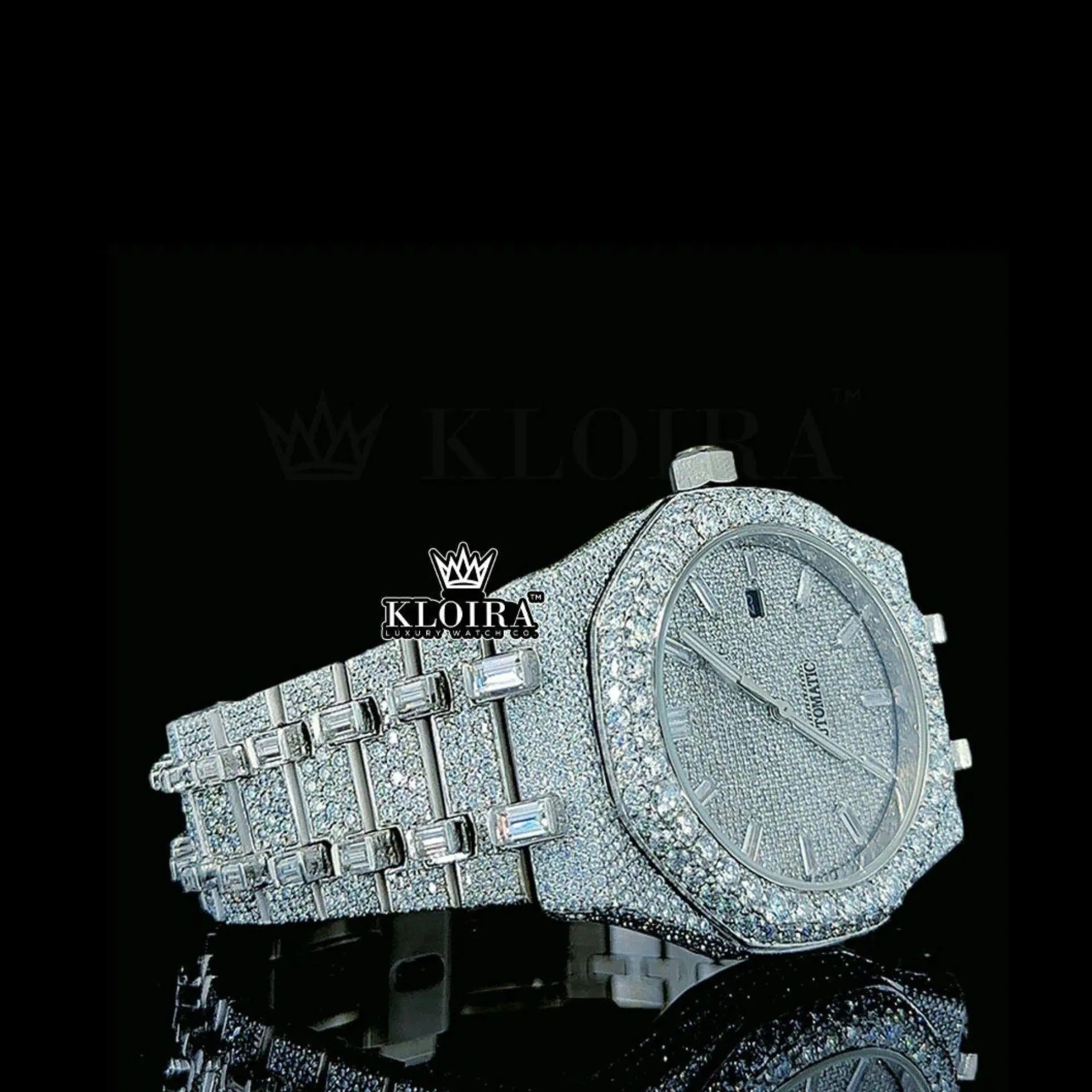 Diamond Markers White Dial Fully Iced Out AP Moissanite Watch Right Side Dial Close Up View