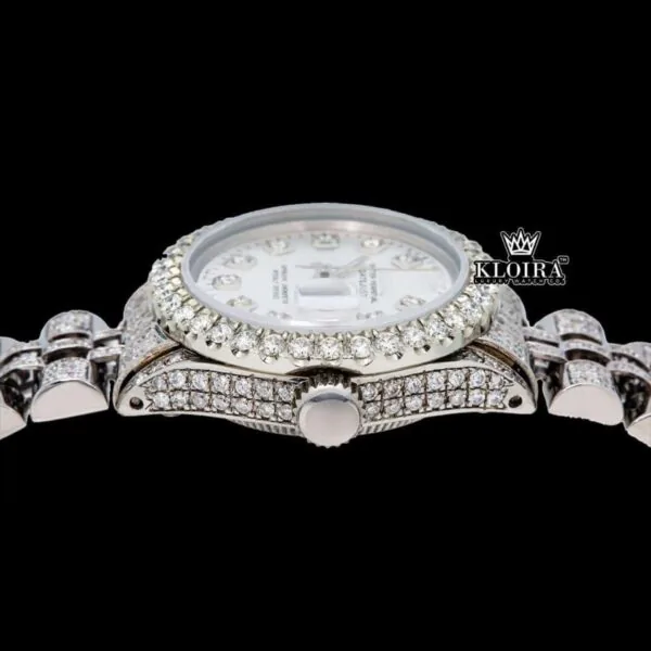 Diamond Markers White Dial Fully Iced Out Moissanite Diamond Watch Crown View