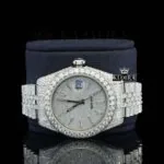 Diamond Markers White Dial Fully Iced Out Moissanite Watch Close Up Front View