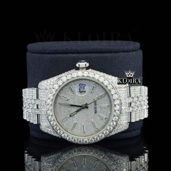 Diamond Markers White Dial Fully Iced Out Moissanite Watch Close Up Front View