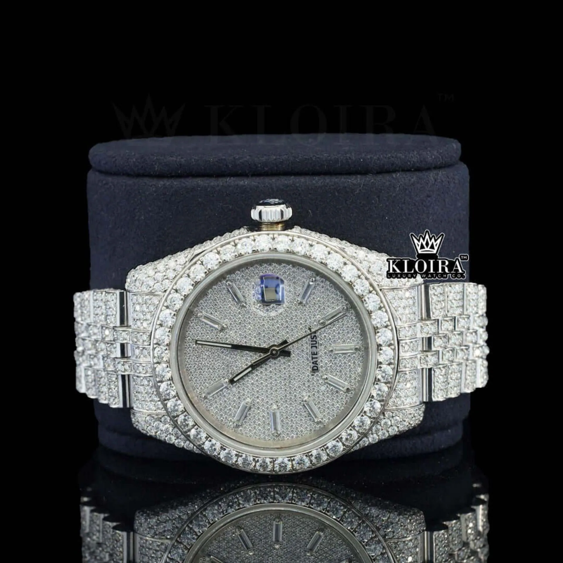 Diamond Markers White Dial Fully Iced Out Moissanite Watch Close Up Front View
