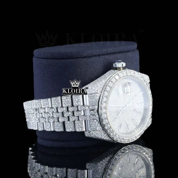 Diamond Markers White Dial Fully Iced Out Moissanite Watch Right Profile View