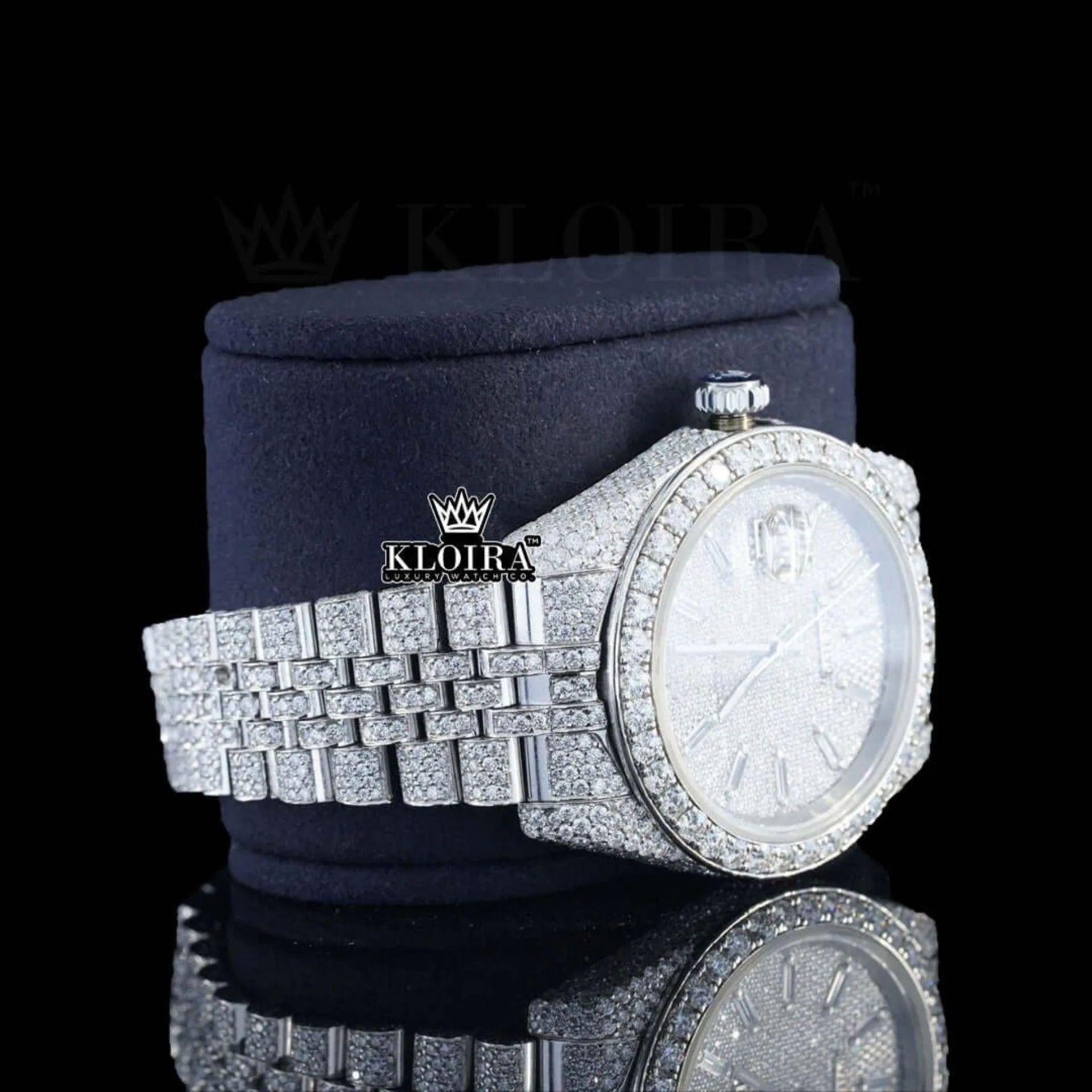 Diamond Markers White Dial Fully Iced Out Moissanite Watch Right Profile View