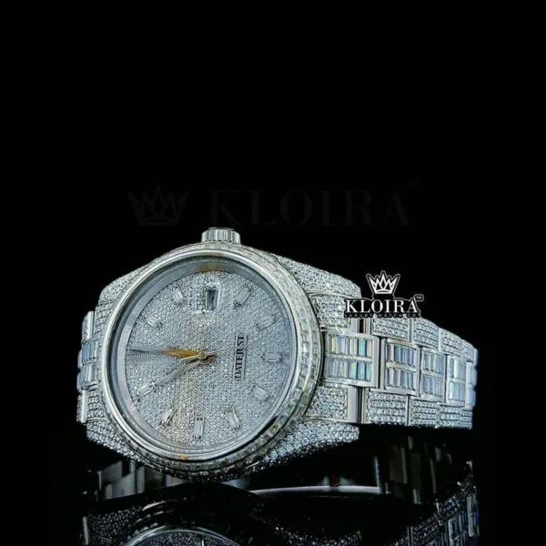 Diamond Markers White Dial Fully Iced Out White Gold Moissanite Watch Close Up Dial View