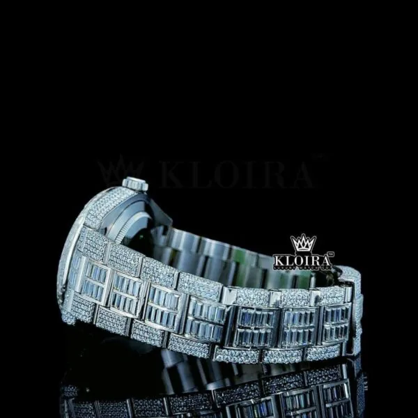 Diamond Markers White Dial Fully Iced Out White Gold Moissanite Watch Left Side Bracelet View