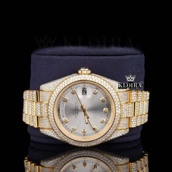 Diamond Markers White Dial Iced Out Yellow Gold Moissanite Watch Close Up Front View