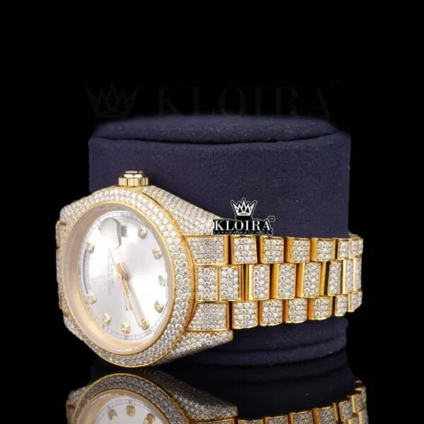 Diamond Markers White Dial Iced Out Yellow Gold Moissanite Watch Left Profile View