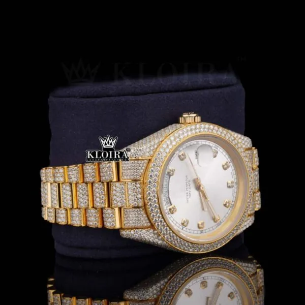 Diamond Markers White Dial Iced Out Yellow Gold Moissanite Watch Right Profile View