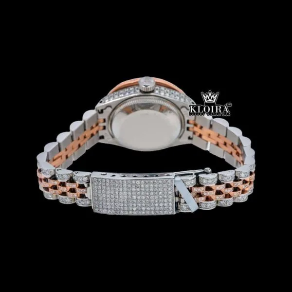 Diamond Markers White Dial Two Tone Classic Link Strap Moissanite Watch Caseback View