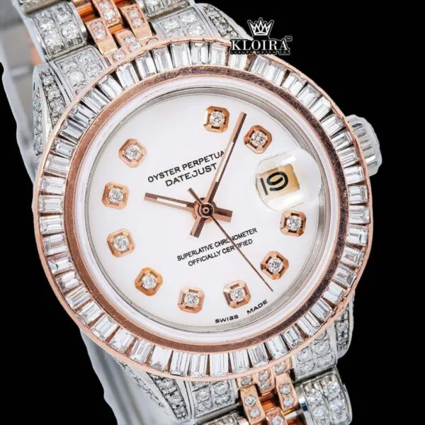 Diamond Markers White Dial Two Tone Classic Link Strap Moissanite Watch Close Up Dial View