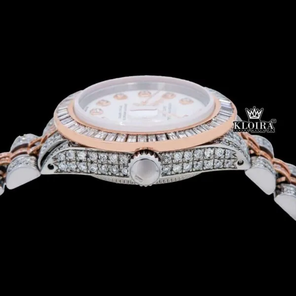 Diamond Markers White Dial Two Tone Classic Link Strap Moissanite Watch Crown View