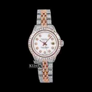 Diamond Markers White Dial Two Tone Classic Link Strap Moissanite Watch