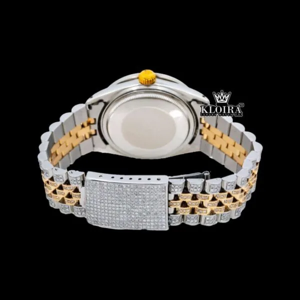 Diamond Markers White DIal Two Tone Iced Out Moissanite Watch Close Caseback View