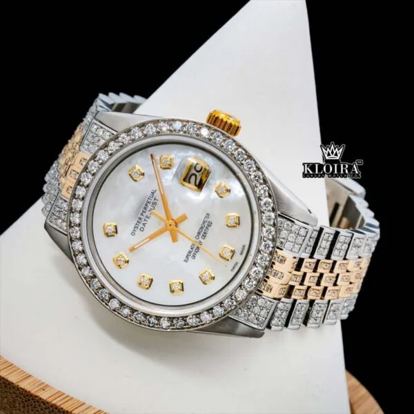 Diamond Markers White DIal Two Tone Iced Out Moissanite Watch Close Close Up Front View