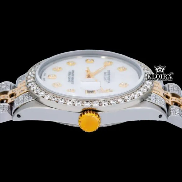 Diamond Markers White DIal Two Tone Iced Out Moissanite Watch Close Crown View