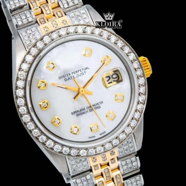 Diamond Markers White DIal Two Tone Iced Out Moissanite Watch Close Up Dial View