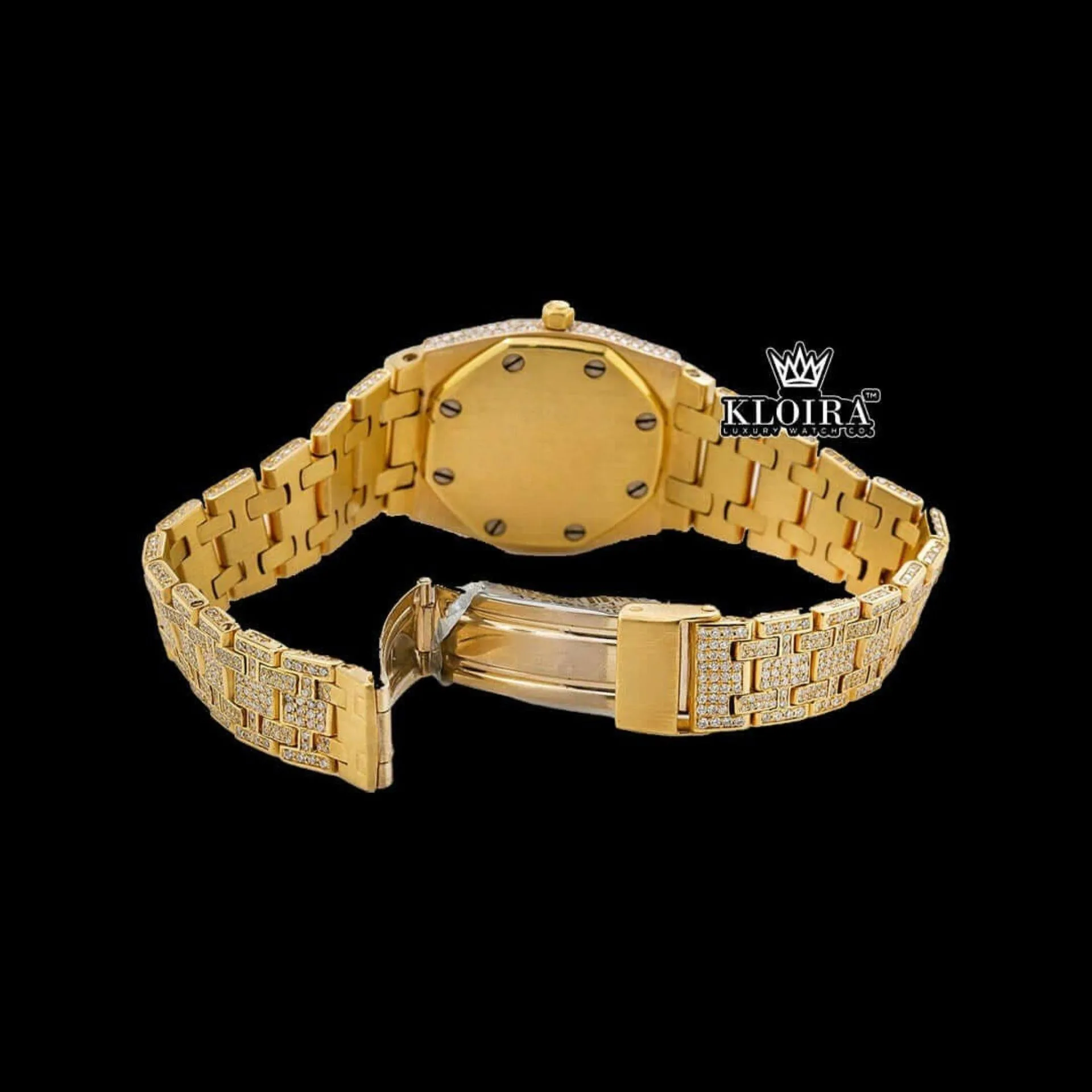 Diamond Markers White Dial Yellow Gold Moissanite Diamond Watch Caseback View