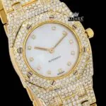 Diamond Markers White Dial Yellow Gold Moissanite Diamond Watch Close Up Dial View