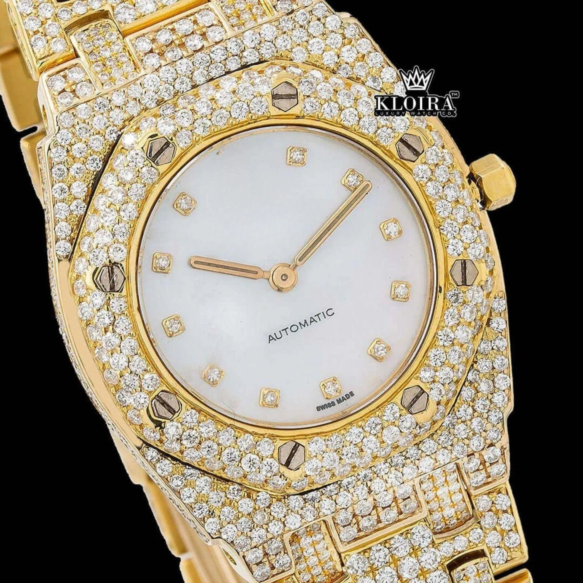 Diamond Markers White Dial Yellow Gold Moissanite Diamond Watch Close Up Dial View
