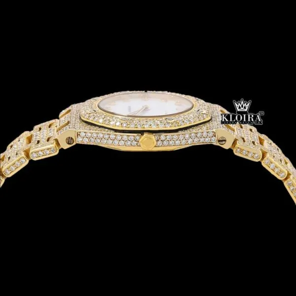 Diamond Markers White Dial Yellow Gold Moissanite Diamond Watch Crown View