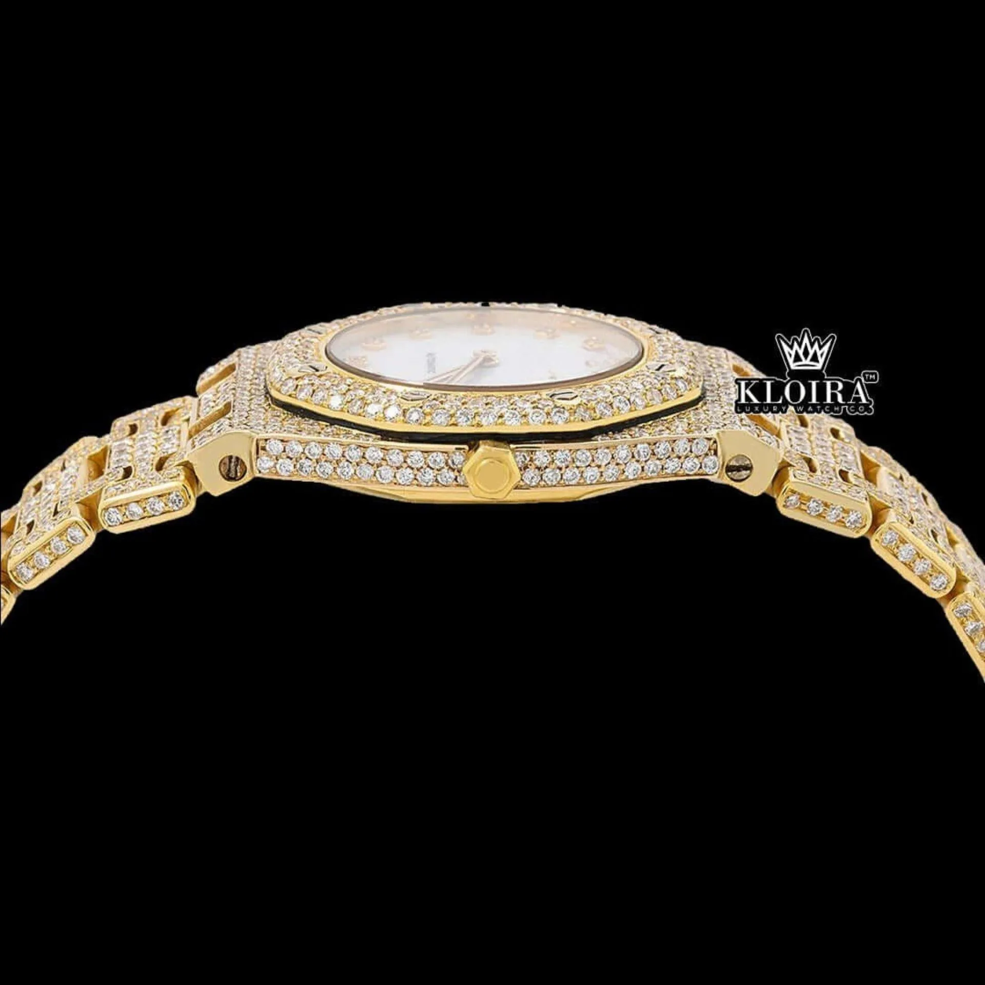 Diamond Markers White Dial Yellow Gold Moissanite Diamond Watch Crown View