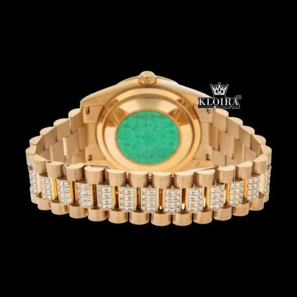 Diamond Markers Yellow Dial Day Date Display Moissanite Watch Caseback View