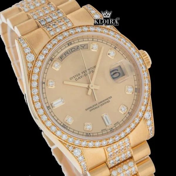 Diamond Markers Yellow Dial Day Date Display Moissanite Watch Close Up Dial View