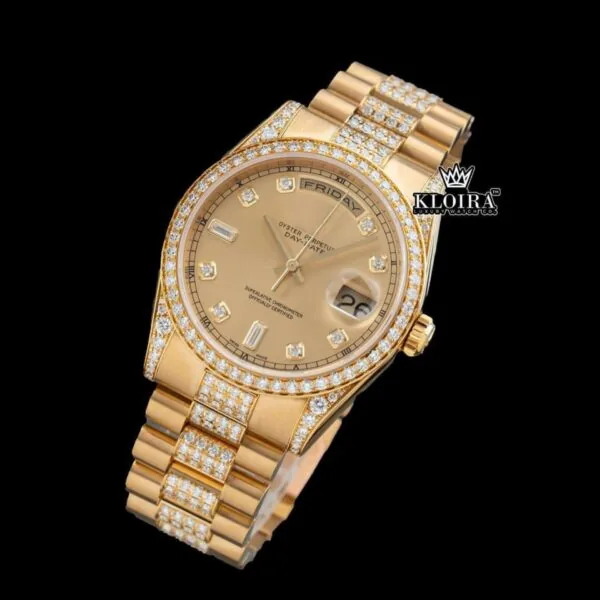 Diamond Markers Yellow Dial Day Date Display Moissanite Watch Close Up Front View