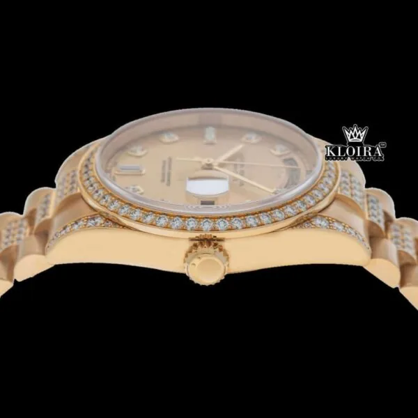Diamond Markers Yellow Dial Day Date Display Moissanite Watch Crown View