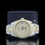 Diamond Markers Yellow Dial Two Tone Iced Out Moissanite Watch Close Up Front View