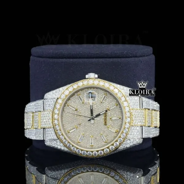 Diamond Markers Yellow Dial Two Tone Iced Out Moissanite Watch Close Up Front View