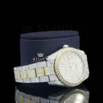 Diamond Markers Yellow Dial Two Tone Iced Out Moissanite Watch Right Profile View