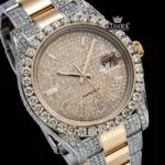 Diamond Markers Yellow Dial Two Tone Moissanite Diamond Watch Close Up Dial View