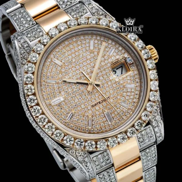 Diamond Markers Yellow Dial Two Tone Moissanite Diamond Watch Close Up Dial View