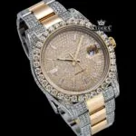 Diamond Markers Yellow Dial Two Tone Moissanite Diamond Watch Close Up Front View