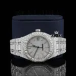 Diamond Stick Markers White Dial Fully Iced Out Moissanite Watch Close Up Front View