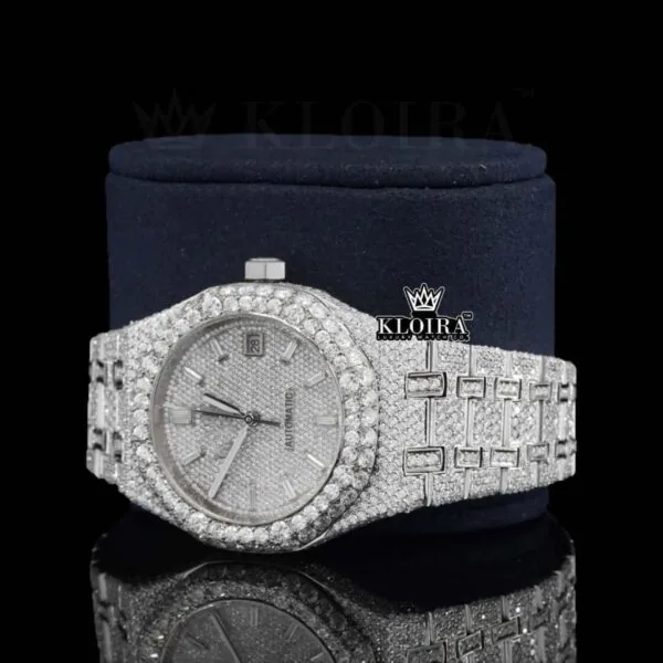 Diamond Stick Markers White Dial Fully Iced Out Moissanite Watch Left Profile View