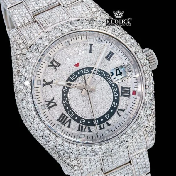 Dual Time Black Roman Numerals Fully Iced Moissanite Diamond Watch Close Up Dial View