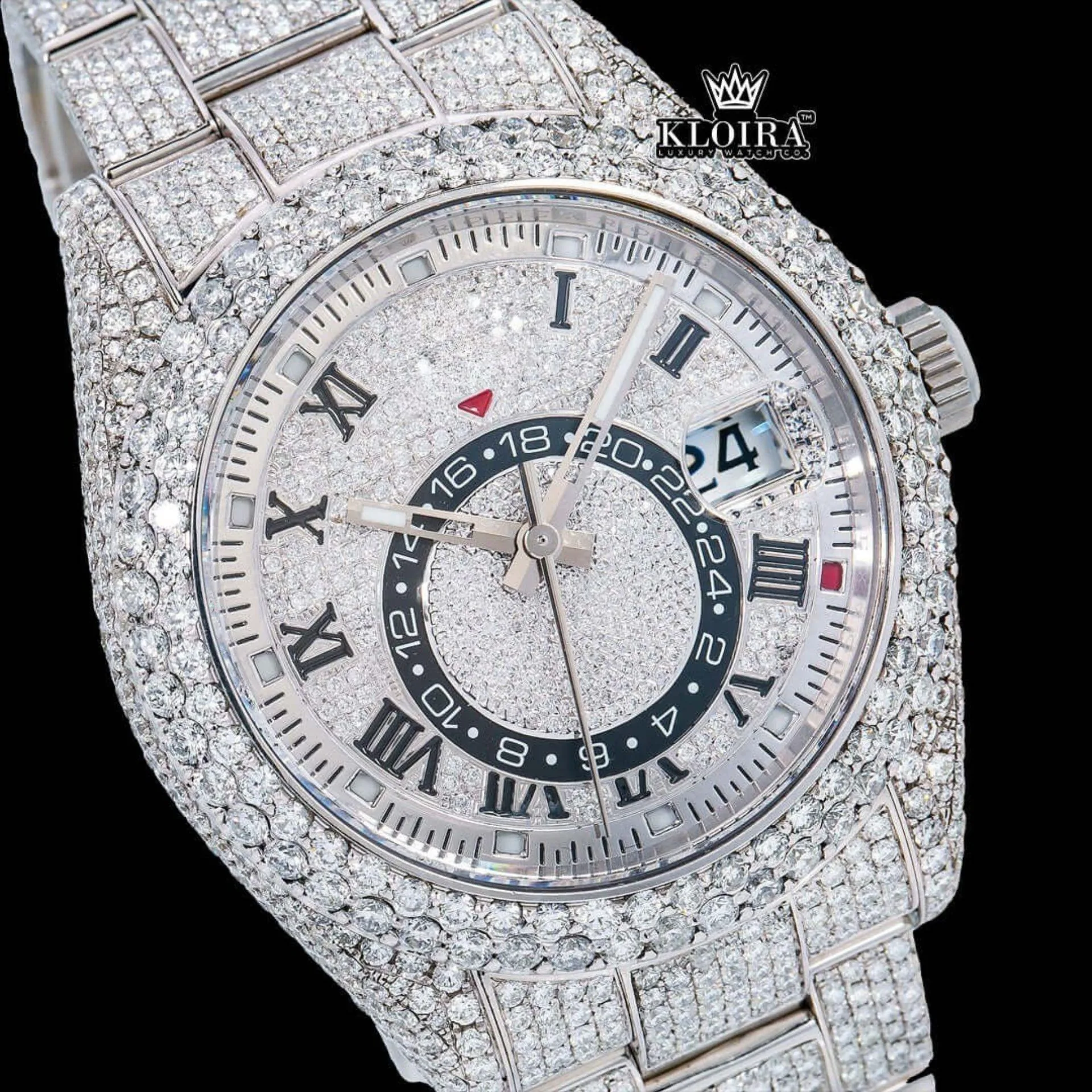 Dual Time Black Roman Numerals Fully Iced Moissanite Diamond Watch Close Up Dial View