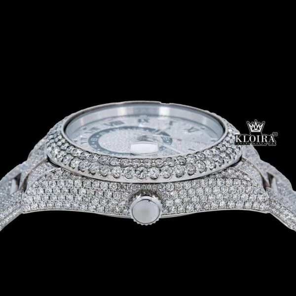 Dual Time Black Roman Numerals Fully Iced Moissanite Diamond Watch Crown View