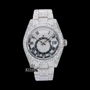 Dual Time Black Roman Numerals Fully Iced Moissanite Diamond Watch