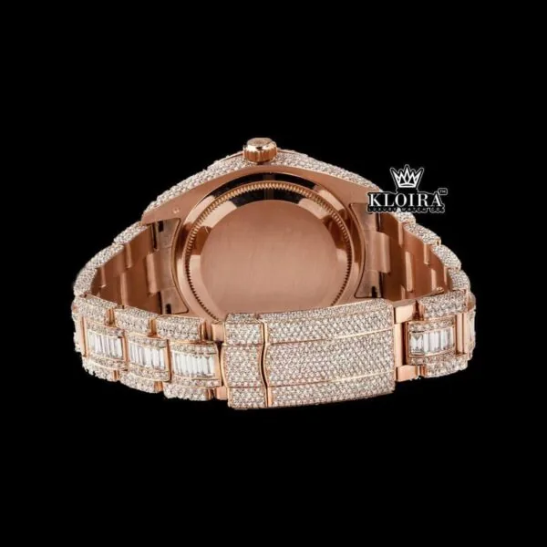 Dual Time Brown Dial Standard Numerals Iced Out Rose Gold Moissanite Watch Caseback View