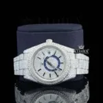 Dual Time Chronograph Dial Stick Markers Fully Iced Out Moissanite Watch Close Up Front View