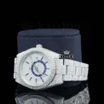 Dual Time Chronograph Dial Stick Markers Fully Iced Out Moissanite Watch Left Profile View