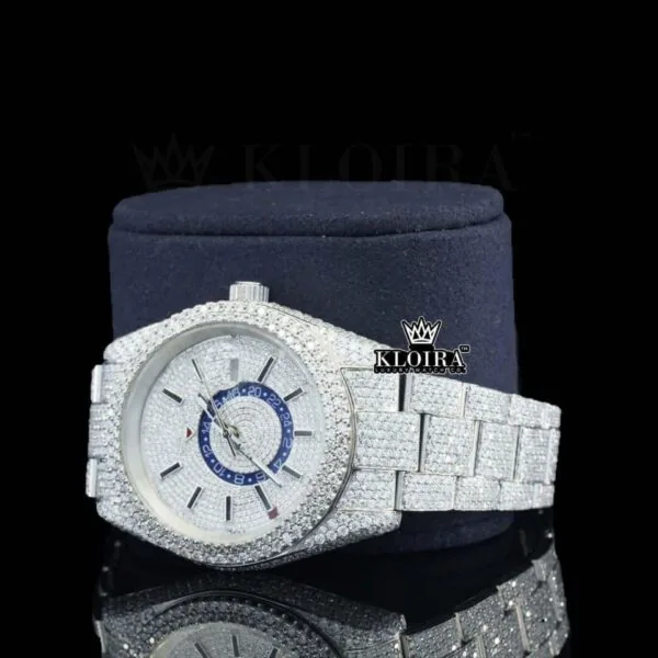 Dual Time Chronograph Dial Stick Markers Fully Iced Out Moissanite Watch Left Profile View