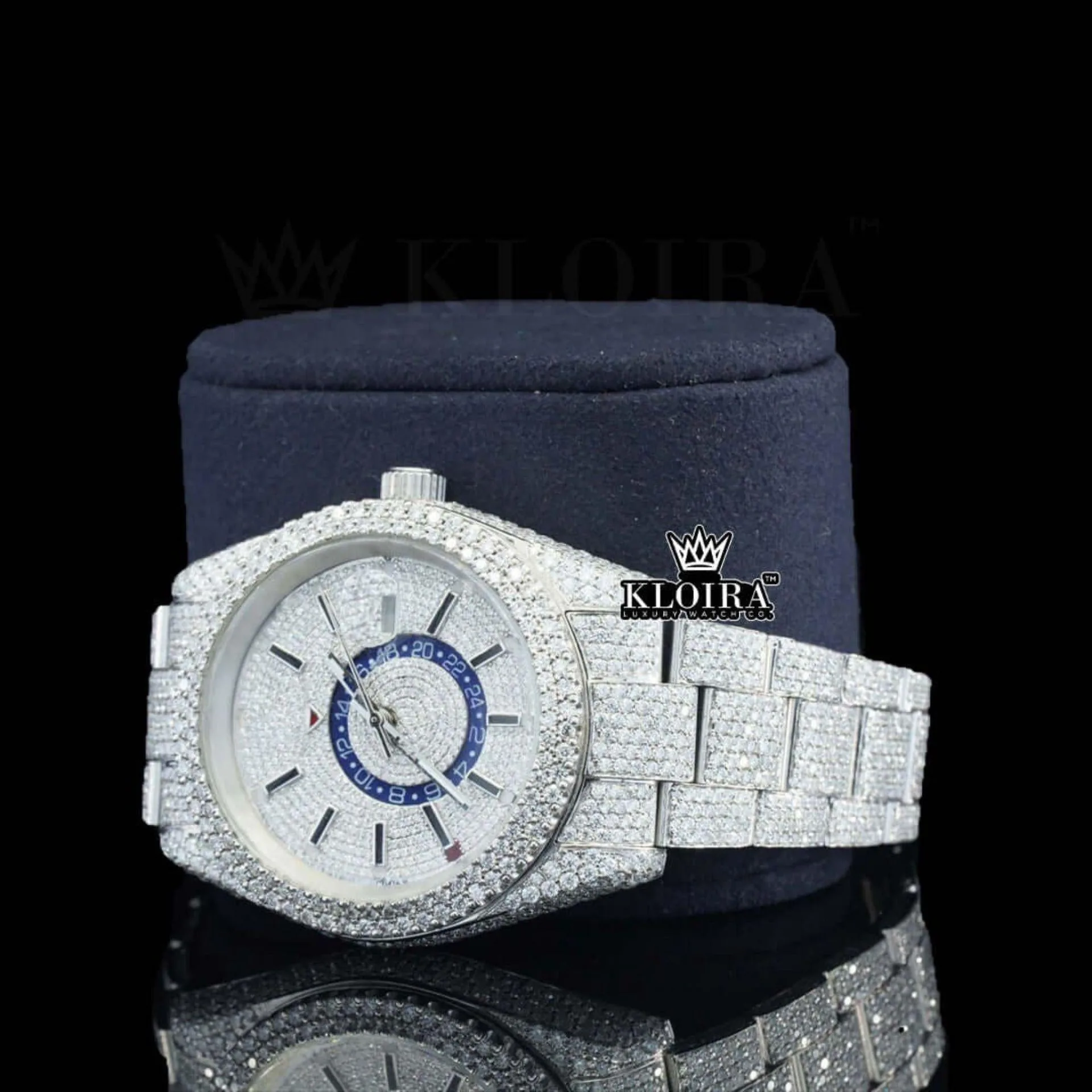 Dual Time Chronograph Dial Stick Markers Fully Iced Out Moissanite Watch Left Profile View