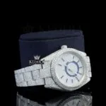 Dual Time Chronograph Dial Stick Markers Fully Iced Out Moissanite Watch Right Profile View