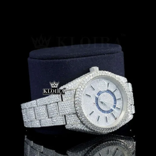 Dual Time Chronograph Dial Stick Markers Fully Iced Out Moissanite Watch Right Profile View