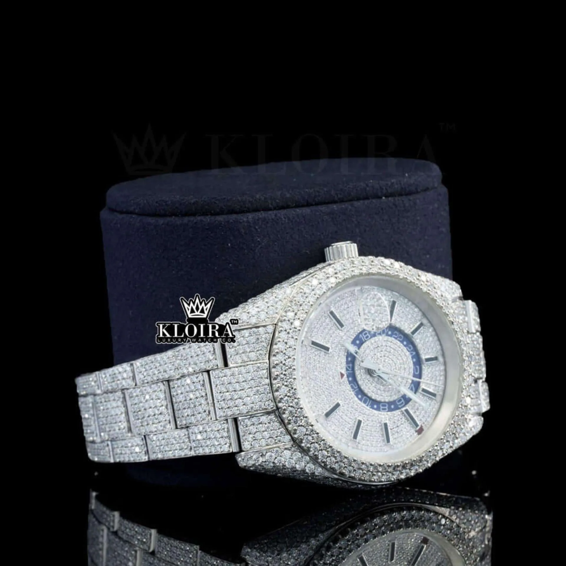 Dual Time Chronograph Dial Stick Markers Fully Iced Out Moissanite Watch Right Profile View