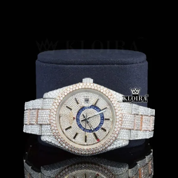 Dual Time Dial Stick Markers Two Tone Bust Down Moissanite Watch Close Up Front View
